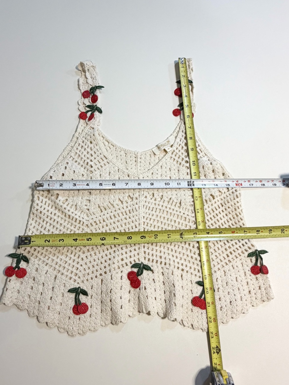 Crochet cherry tank top 100% cotton open weave sweater ruffle babydoll fruit red - Picture 12 of 12